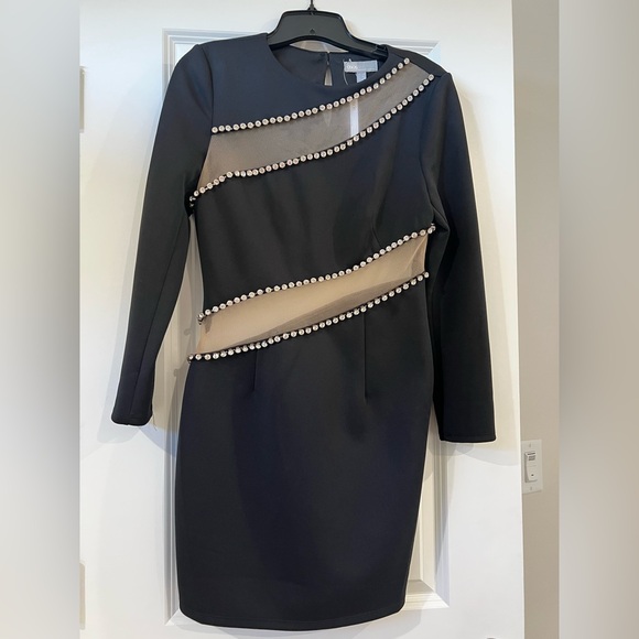 ASOS Design Black Long Sleeve Mesh and Rhinestone Bodycon dress - Picture 3 of 11